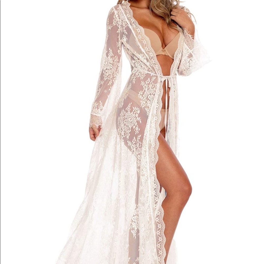 White Long Sheer Lace Cover Up Robe